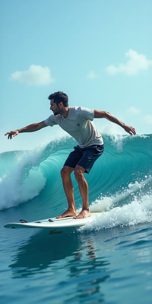  (((ultra photo REALISTIC))), sharp focus, extreme detail description, professional, vivid colors, bold color palette, photorealism, a man is surfing on a white surfboard with a black emblem on the front. He is wearing a short-sleeved shirt and black shorts. His hair is short and dark. His arms are spread out to his sides, and his legs are bent at the knees. The surfboard is positioned in front of a large wave, which is cresting the right side of the image. The wave is a deep blue, with a white foam at the top of the wave. The sky is a light blue, dotted with white clouds. In stunning 16K UHD resolution, this masterpiece showcases unparalleled quality, accuracy, and attention to detail, extremely high quality RAW photograph, detailed background, intricate, Exquisite details and textures, highly detailed, ultra detailed photograph, warm lighting, sharp focus, high resolution, Hyperrealism, masterpiece, accurate, super detail, best quality, award winning, highres, 16k 8k uhd, dslr, high quality,