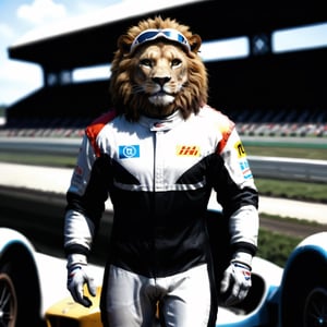 A lion in racing suit