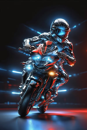 Masterpiece, ultra-definition, super detailed, perfect drawing, 1  transparent SPORT race motocycle with headlight on white lights , Colored blue, silver and black carbonfiber, Industrial design, clean, Luminous neon lit,  red background, Surrealism, UHD, high details, best quality, 2K