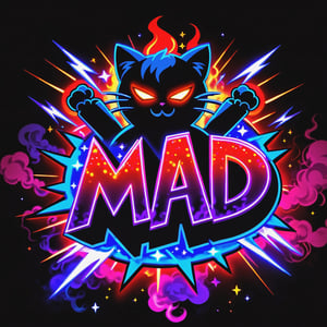 Text that reads "Mad Cat" in neon red, black, metallic, purple, blue, Pink, neon, sparkles, Neon colored smoke, planet, graffiti background,
,composed of elements of street art Fire Lightning Electricity Space stars and neon lights atomic explosions black holes space warp, atomic explosions, Cyberpunk,DonMH010D15pl4yXL ,abyssaltech ,faize,DonM3l3m3nt4lXL