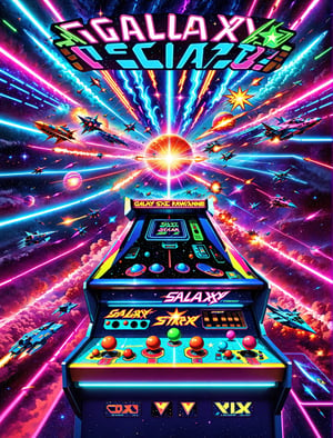 Here's a prompt for creating an epic retro-style video game cover art:

A vintage arcade machine, its neon-lit buttons glowing like stars, dominates the foreground. Space ships in various states of destruction - some exploding into fiery balls, others crippled with damage - whizz past, leaving trails of laser fire across the star-studded, planet-filled background. The title 'Galaxy Defence' bursts forth in bold, retro-style font, while neon-green and blue hues infuse the artwork with a sense of high-energy excitement. Retro wave-inspired, this masterpiece of retrowave art screams 80s nostalgia for classic space ship fighter games.