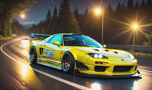 Race cars in a high speed street race (best quality,4k,8k,highres,masterpiece:1.2),ultra-detailed, ((a customized car)), ((street racer)), ((a beautiful paintjob)), ((fully detailed)), illustration, vivid colors, GTR, NSX,  Drifting, going fast, night, bright yellow headlights,setting USA Oregon's Mountain roads, No text on signs, Late night time dark skys filled with moonlight and bright stars,1 car.,Nature,modelshoot style, Fast action style,