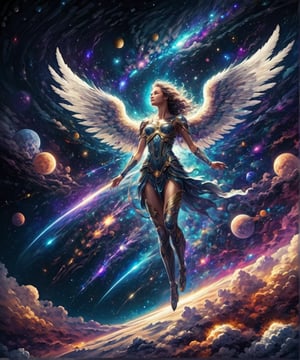 Another vibrant cosmic galaxy, dark color palette, high resolution and contrast and color contrast, complex textures and extremely subtle details, a beautiful female angel with full body glow floating in the universe, side light, super quality , exquisite works of art
