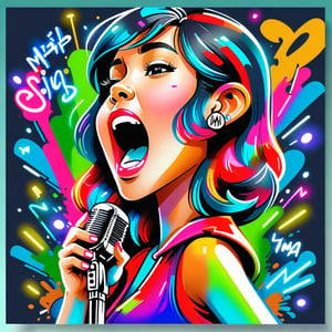 the graffiti style of cute woman age 23  singing with a microphone in her hand, ((Neon bold colorful, rich colors, high detailed, masterpiece,high quality, graffiti style)),LOGO,CartooNuclear Meltdown style,logo,DonMH010D15pl4yXL 