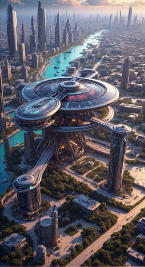 (best quality,4k,8k,highres,masterpiece:1.2),ultra-detailed,(realistic,photorealistic,photo-realistic:1.37),futuristic floating city,futuristic technology,city on a gigantic high-tech flat platform,airship,floating in the sky,futuristic city,small airship around,high-tech half-sphere platform,colorful lights,advanced architecture,modern buildings,skyscrapers,reaching the clouds,awe-inspiring view,urban landscape,impressive design,seamless integration with nature,dynamic and vibrant atmosphere,futuristic transport system,hovering vehicles,transparent pathways,lush greenery,hanging gardens,cascading waterfalls,magnificent skyline,reflection on the water,sparkling river,architectural innovation,futuristic skyscrapers,transparent domes,unusual shaped buildings,elevated walkways,impressive skyline,glowing lights,futuristic technology,minimalist design,scenic viewpoints,panoramic view,cloud-piercing towers,vibrant colors,epic sunrise,epic sunset,dazzling display of lights,magical ambiance,city of the future,urban utopia,luxurious lifestyle,innovative energy sources,sustainable development,smart city technology,advanced infrastructure,tranquil atmosphere,harmonious coexistence of nature and technology,awe-inspiring cityscape,unprecedented urban planning,seamless connection between buildings and nature,high-tech metropolis,cutting-edge engineering marvels,future of urban living,visionary architectural concepts,energy-efficient buildings,harmony with the environment,city floating above the clouds,utopian dreams turned reality,limitless possibilities,advanced transportation network,green energy integration,innovative materials,impressive holographic displays,advanced communication systems,breathtaking aerial views,peaceful and serene surroundings,modernist aesthetics,ethereal beauty,,metallic,chrome,futureurbanday,manga