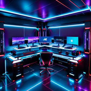 (((NO PEOPLE!!!))) pc hacker room with a huge PC setup on a  big black and red desk with 8 large computer screens built in and computers on shelves , a dimly lit gaming room with multiple monitors and a gaming chair, gaming room, cyberpunk setting, dark setup, gamer themed, gaming room in 2 0 4 0, gamer aesthetic, gamer screen on metallic desk, 8 k wide shot, in a cyberpunk themed room, thicc build, purple and cyan lighting, satisfying cable management, cyberpunk vibe, Controle room style, wide angle view, modern, high detail, backlighting, glowing light, cinematic lighting, depth of field, first-person view, Ultra-Wide Angle, masterpiece, ccurate, anatomically correct, super detail, award winning, highres, 4K, 8k,More Detail,Futuristic room,