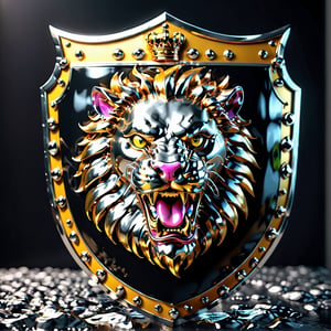 high detail, high quality, 8K Ultra HD, high quality, 8K Ultra HD, ln Family crest style, A neon mad golden lion face with sharp teeth in it's open mouth on a shield in silver with black highlights, background solid Black, glass shiny style