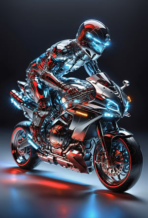 Masterpiece, ultra-definition, super detailed, perfect drawing, 1  transparent SPORT race motocycle with headlight on white lights , Colored blue, silver and black carbonfiber, Industrial design, clean, Luminous neon lit,  red background, Surrealism, UHD, high details, best quality, 2K