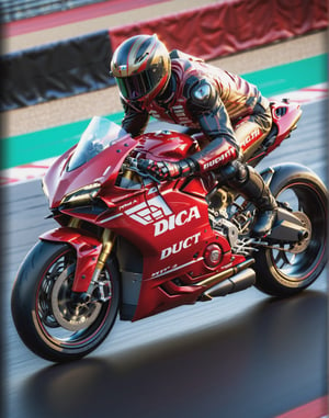 1man, motorcycle rider in red and Black on a red and black riding a Ducati Panigale V4 race motorcycle, there a motorcycle that on a race track with lights, race track background, center Curved composition, on a racetrack, red and Black theme, motorsports photography, arena background, at racer track, game cg, cycles4d render, cycles 3 d render, racing, rgp artwork, dark hangar background, red and yellow back light, cycle render, high detail, Futurism, Realism, Futurism, glowing light, masterpiece, super detail, high details, award winning, high details, hyper-detailed masterpiece:1.5), (beautifuly intricate:1.5), (best quality:1.5), (aesthetic + beautiful + harmonic:1.5), (hyper-detailed face, hyper-detailed eyes, hyper-detailed mouth, hyper-detailed body, hyper-detailed hands, hyper-detailed clothes, and hyper-detailed scenery:1.5), (sharpen details:1.2),steampunk, Science Fiction
