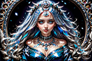 (((masterpiece))),best quality, illustration,(beautiful detailed girl), a girl ,solo,bare shoulders,flat_chst,diamond and glaring eyes,beautiful detailed cold face,very long blue and sliver hair,floaing black feathers,wavy hair,black and white sleeves,gold and sliver fringes,a (blackhole) behind the girl,a silver triple crown inlaid with obsidian,(sit) on the black ((throne)), (depth) of (field)