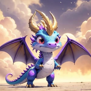 solo, full body, no humans, gems, cute dragon, clouds, Dragon cub made like the video game character Spyro, with dragon scales with a shiny purple and gold outline,  horns golden and two red wings,  it has four purple legs,  a charismatic personality,  a cunning look,  the dragon has the tip of its tail in the shape of a golden arrow