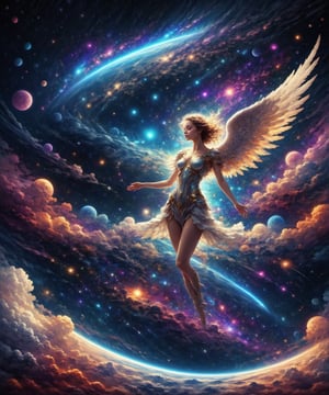 Another vibrant cosmic galaxy, dark color palette, high resolution and contrast and color contrast, complex textures and extremely subtle details, a beautiful female angel with full body glow floating in the universe, side light, super quality , exquisite works of art