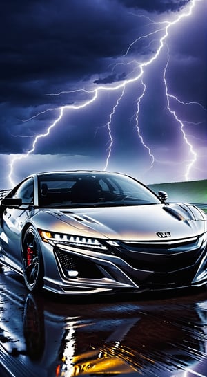 there a car driving on a wet road with lightning in the background, honda nsx, automotive design art, sport car, best on adobe stock, artistic illustration, sports car, stunning digital illustration, amazing wallpaper, 4 k hd wallpaper illustration, background artwork, japanese drift car, artistic rendering, stylized digital illustration, dramatic lightning digital art, sportcar