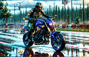 there is a man riding a motorcycle on a wet track, daniel maidman octane rendering, octane ray tracing, photo realistic octane render, cinematic front lightning, octane render unreal engine 8 k, vray octane, 8k octane unreal render, sitting on cyberpunk motorbike, 3 d octane cycle unreal engine 5, 3d octane cycle unreal engine 5, 8k octane render
