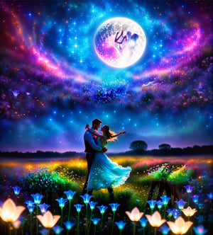 Photo Shoot night time country dancing, A young couple dances under the star filled moon lit sky in a field of bioluminescence flowers,Capture of a magical moment of love shaired by 2 lovers alone cought up in loves magic,Flora