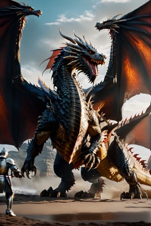 (((full_body shot))), Photo of a knight and big dragon have pair of wings, Hyper-detailled, 32k, Super High definition, Vibrant Colors, Soft focus, Ultra Smooth,Soft natural look, Full shot, photorealistic, realism, film still, cinematic shot, dreamwave, aesthetic, action_pose,Movie Still,photo r3al,knight&dragon,Chinese Dragon
