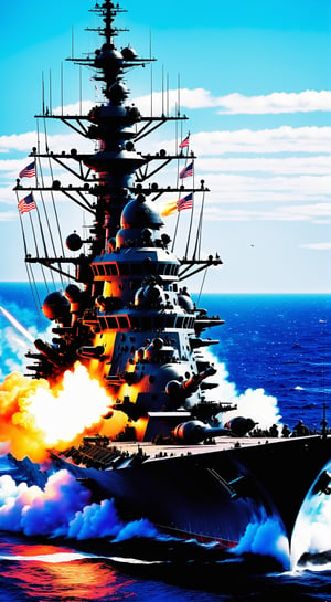 rockets being fired from a battleship, ........... highly detailed, vibrant colors , 8k, sharp, professional, clear, high contrast, high saturated, , vivid deep blacks, crystal clear