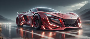 Ultra wide photorealistic image. Image created for the calendar. A luxury sports car., chrometech, Red mecha, futuristic Race car with wide body kit and raceing strip, Street racing other cars like it, White Pearlesent paint with sparkeling metal flakes, car racing down moutain roads at night in the rain, Lightning stars large Moon with a red tint, Surrealism, Realism, Hyperrealism, sparkle, cinematic lighting, reflection light, ray tracing, speed lines, motion lines, first-person view, Ultra-Wide Angle, Sony FE, depth of field, masterpiece, ccurate, textured skin, super detail, high details, best quality, award winning, highres, 4K, 8k, 16k
