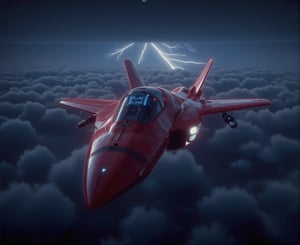 Super realistic, ultra-high definition, a mysterious aircraft, shiny bright glossy red Lockheed F-117 Nighthawk, in the cloudy sky with lightning and thunder, At the top of the pigture 'USN' text in shades of blue and white 3D electrified digital front, highly detailed, cinematic lighting, photorealistic, dramatic, moody, dark atmosphere, glowing cockpit, dramatic clouds, volumetric lighting, hyperrealistic, muted color palette, chiaroscuro, ultra-detailed, 8k, best quality,lightningthunder,nftnik,NeonColor,Mecha,NeonColor 