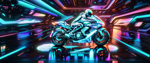 A holographic display of a side view of  brightly lit motorcycle rider in neon neons on a dark background, cyberpunk art style, sitting on cyberpunk motorbike, (with glowing tires), kilian eng vibrant colors, in style of digital illustration, kilian eng vibrant colours, neon cyberpunk, neon digital art, masterpiece epic retrowave art, epic retrowave art, cyberpunk futuristic neon, neon cyberpunk vibrant colors, retrowave epic art