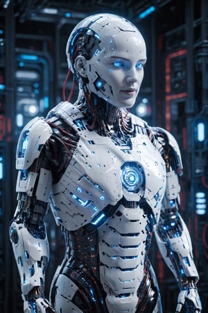 Image features a detailed illustration of a futuristic, humanoid robot with a sleek, aerodynamic design. The robot is primarily white with blue and red accents, and it has a robust, armored appearance. The main figure is shown in a standing position, with large, articulated limbs and a helmet-like head. The robot's design includes various mechanical details such as joints, panels, and vents. fullbody shot, soft textures, imaginative artwork, vibrant background, bokeh, three dimensional effect, 3d render, octane render, mix of bold dark lines and loose lines, Isometric, awesome full color, ultra detailed face, Candid photographs, {{rule of third}}, cinematic, light film, hyper detailed, hyper realistic, masterpiece, atmospheric, high resolution, 8k, HDR, 500px, long exposure:2.

