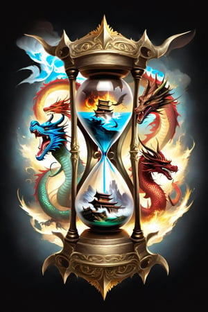 an hourglass with split images,   realms, dragon-themed
