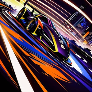 masterpiece, best quality, 4K, A stylish red racing car speeds around the track, Leave a trail of light, dark background,Contains numbers and lines representing speed or data transfer, Jet-like oil painting effect,Provide artistic style. High-tech race car with futuristic design, Smooth and dynamic lines, Race on a spacious track,The streamlined body and cool black color are eye-catching. Cityscape background with skyscrapers and bustling scenery, Forming a picture full of modernity and technology. The racing car is placed at the bottom of the frame, The cityscape fills the rest of the frame