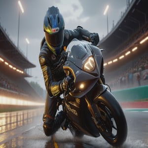 there is a man riding a motorcycle on a wet track, daniel maidman octane rendering, octane ray tracing, photo realistic octane render, cinematic front lightning, octane render unreal engine 8 k, vray octane, 8k octane unreal render, sitting on cyberpunk motorbike, 3 d octane cycle unreal engine 5, 3d octane cycle unreal engine 5, 8k octane render, cinematic lighting, glowing light, speed lines, masterpiece, ccurate, anatomically correct, super detail, best quality, award winning, highres, 4K, 8k, 16k