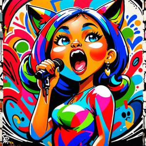 "Mad Cat" the graffiti style of cute woman is singing, (bold colorful, rich colors,high detailed, masterpiece,natural lighting,less Shadow,high quality, graffiti style))