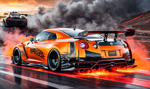 Ultra wide photorealistic medieval gothic image of "2024" lettering, custom design, graffiti, racing serial number, fast lanes,UIltra wide shot, full car 2024 Nissan GT R Nismo orange with black  race strips and wide body kit racing whith  Dark sun setting in the background, Glowing road as the car races showing motion with spinning tire blur and motion lines behind it, black and neon laser yellow-red gray, ink flow - 8k photorealistic masterpiece - by Aaron Horkey and Jeremy Mann - detail. liquid gouache: Jean Baptiste Mongue: calligraphy: acrylic: color watercolor, cinematic lighting, maximalist photo illustration: marton Bobzert: 8k concept art, intricately detailed realism, complex, elegant, sprawling, fantastical and psychedelic, dripping with color,science fiction,H effect