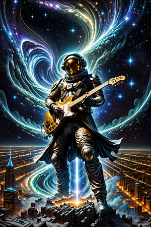 In the depths of space, a shimmering, shadowed figure playing an electric guitar with eyes like distant stars stands amidst swirling cosmic dust. City background buildings. The image is a hyper-realistic digital painting, capturing every glint of light and shadow in exquisite detail. The subject is a mysterious, otherworldly traveler in a sleek, midnight-hued spacesuit, adorned with intricate, ethereal designs. Their presence exudes an air of enigmatic elegance and boundless adventure, drawing viewers into a captivating tale of intergalactic exploration.