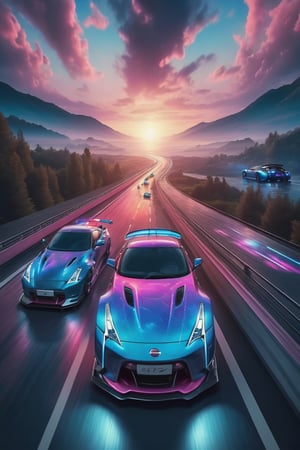 2 supercars Nissan 0Z blue and pink electric color 3 tones, running fast in very big transparent track in subwater tunnel circuit around milkyway, beautiful space planets multitones each side of the car , size 1600*1200 full hd