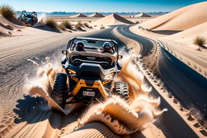 a close up of a person driving a black utv in the desert, buggy, dune, mixed art, tesla dune buggy, photos, sand, dynamic angled shot, high speed action, off - road, intense look, video, vehicle, dynamic action shot, off-roading, versatile, action shot, top down angle,