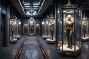 in a military barracks of the future, There are beautiful women standing on pedestals in display cases, They have rifles and are dressed in tight, sexy military outfits., They have a cold and emotionless look on their faces, On the side there are other women standing on pedestals, There is a sign hanging on the ceiling that says "DECOY DROIDS", Hyperrealistic image, Realistic skin,RetroSci style,nftnik,vector_brush_style,hourglass body shape,multiple women,FuturEvoLabScene,FuturEvoLabGirl