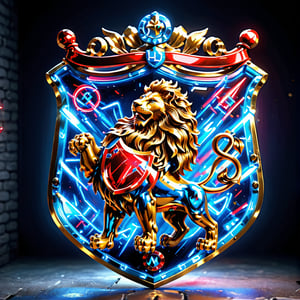 high detail, high quality, 8K Ultra HD, high quality, 8K Ultra HD, ln Family crest style, A neon mad golden lion on a shield in neon red and blue, glass shiny style