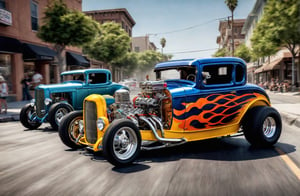 two hot rods racing down the street, 32k, masterpiece, photorealistic, photography