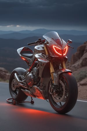 Masterpiece, ultra-definition, super detailed, SPORT race motocycle with headlight on white lights , Colored red, silver and black carbonfiber, clean neon lit under glow, racing up pikes peak, Surrealism, UHD, high details, best quality, 2K