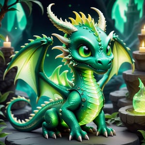 Craft an enchanting fantasy scene featuring a beautiful dark green-light green biometric dragon with glowing,  shiny biometrical features. Imagine captivating yelloweyes and impressive glass horns. Place this majestic creature in a fantasy-style background that complements its ethereal beauty,  aiming for a visually striking image with intricate details and a magical atmosphere., cute little dragon
,cute dragon,GUILD WARS