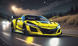 Race cars in a high speed street race (best quality,4k,8k,highres,masterpiece:1.2),ultra-detailed, ((a customized car)), ((street racer)), ((a beautiful paintjob)), ((fully detailed)), illustration, vivid colors, GTR, NSX,  Drifting, going fast, night, bright yellow headlights,setting USA Oregon's Mountain roads, No text on signs, Late night time dark skys filled with moonlight and bright stars,1 car.,Nature,modelshoot style, Fast action style, gray and black cars,