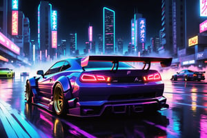 Anime-style street racer, neon-lit city, fast cars, drifting, adrenaline-fueled action, intense concentration, midnight speed