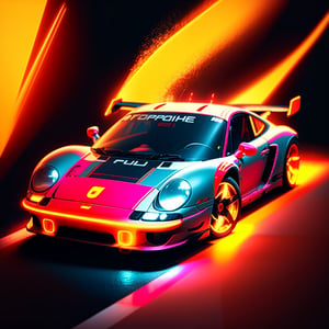 Full of action scenes, Neon RED PORSCHE race car wide body race stripesstrong lighting, Dynamic camera angles, cinema experience, fast paced sport, drama composition, bright colors, High-resolution visuals, dramatic storytelling, wide format cinema lens, immersive atmosphere
