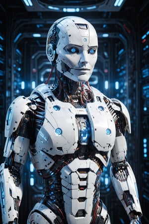 Image features a detailed illustration of a futuristic, humanoid robot with a sleek, aerodynamic design. The robot is primarily white with blue and red accents, and it has a robust, armored appearance. The main figure is shown in a standing position, with large, articulated limbs and a helmet-like head. The robot's design includes various mechanical details such as joints, panels, and vents. fullbody shot, soft textures, imaginative artwork, vibrant background, bokeh, three dimensional effect, 3d render, octane render, mix of bold dark lines and loose lines, Isometric, awesome full color, ultra detailed face, Candid photographs, {{rule of third}}, cinematic, light film, hyper detailed, hyper realistic, masterpiece, atmospheric, high resolution, 8k, HDR, 500px, long exposure:2.

