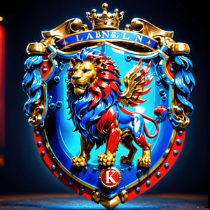 high detail, high quality, 8K Ultra HD, high quality, 8K Ultra HD, ln Family crest style, A neon mad golden lion on a shield in neon red and blue, background Black, glass shiny style