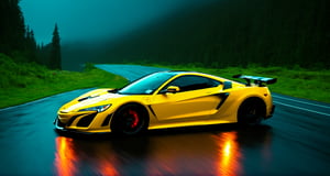 Race cars in a high speed street race (best quality,4k,8k,highres,masterpiece:1.2),ultra-detailed, ((a customized car)), ((street racer)), ((a beautiful paintjob)), ((fully detailed)), illustration, vivid colors, GTR, NSX,  Drifting, going fast, night, bright yellow headlights,setting USA Oregon's Mountain roads, No text on signs, Late night time, Set in a rain storm with lightning,1 car.,Nature, model shoot style, Fast action style, Sideways drifting in to a turn, Red and black cars, ,Movie Still,H effect,c_car,car,Concept Cars,realism
