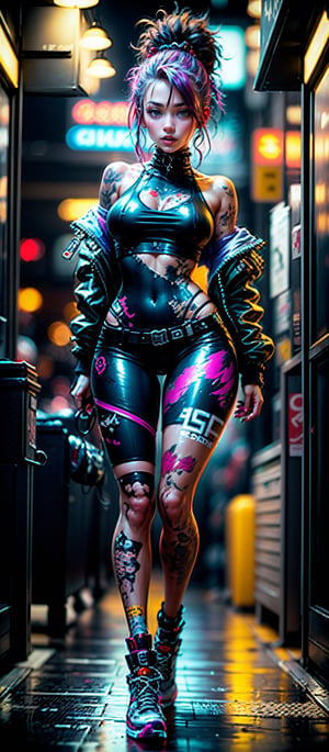 (((Fullbody view))), (best quality,4k,8k,highres,masterpiece:1.2),ultra-detailed,(realistic,photorealistic,photo-realistic:1.37),90s vibe,cyberpunk,futuristic neon lights,pink and blue pastel colors,stylishly dressed girl with punk elements,dynamic composition,Kim Bassin-inspired character design,Retro 80s film poster art style,nostalgic atmosphere,innovative technology,aesthetic graffiti in the background,sleek and shiny surfaces,cityscape with towering skyscrapers,hovering vehicles,futuristic gadgets and holograms,action-packed scene,fashion-forward hairstyle and accessories,glowing tattoos and piercings,electric energy and sparks,urban underground culture,positive and empowering energy,unique and captivating visual narrative,synchronized dance moves with pulsating music,stylish typography and design elements,