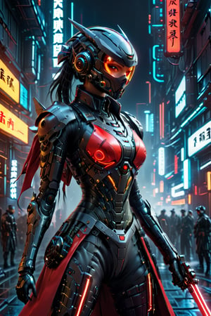(((1mecha)))  (Raw photo,realistic,photorealistic),dynamic angle,gorgeous,amazing,epic,ultra-detailed,1girl\(mecha\),(techpunkmask:1.2),slim body,kong-fu,black hair,black eyes,Chinese hairstyle,see-through,glowing body,cyberpunk,cyborg ninja,cinematic Lighting,Accent Lighting,dramatic_shadow,ray_tracing,complex clothes and patterns, fighting,(holding laser-katana:1.3),hair-bangs,red long scarf,highly real skin,outdoors, strong dynamic pose, neon lights, beautiful glowing,