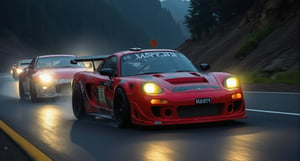 Race cars in a high speed street race (best quality,4k,8k,highres,masterpiece:1.2),ultra-detailed, ((a customized car)), ((street racer)), ((a beautiful paintjob)), ((fully detailed)), illustration, vivid colors, 2024 custom RX 7 Drifting, going fast, night, bright yellow headlights, setting USA Oregon's Mountain roads, No text on signs, Late night time, Set in a rain storm with lightning,1 car, Nature, model shoot style, Fast action style, Sideways drifting in to a turn, Red and black cars GTR NSX