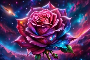  Graffiti style, Neon rich colors, a galaxy rose with a galaxy on each rose petal, shining starlight, spacey nebula  background, Dark background,Extreme Detail,UHD,8K,water droplets on rose petal,