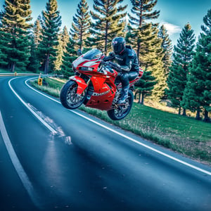 there is a man riding a motorcycle on a road with trees in the background, ducati , high quality picture, motorcycle, motorcycles, portrait shot, wide angle dynamic action shot, speeding on motorcycle, futuristic motorcycle, cover shot, riding a motorbike down a street, high speed action, motorbike, dynamic angled shot