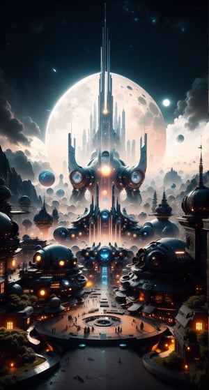 a close up of a city with a giant moon in the background, huge futuristic temple city, in fantasy sci - fi city, beautiful city of the future, big and structured valhalla city, otherwordly futuristic city, an alien city, ancient sci - fi city, futuristic utopian metropolis, futuristic castle, fantasy capital city, fantasy cityscape, 